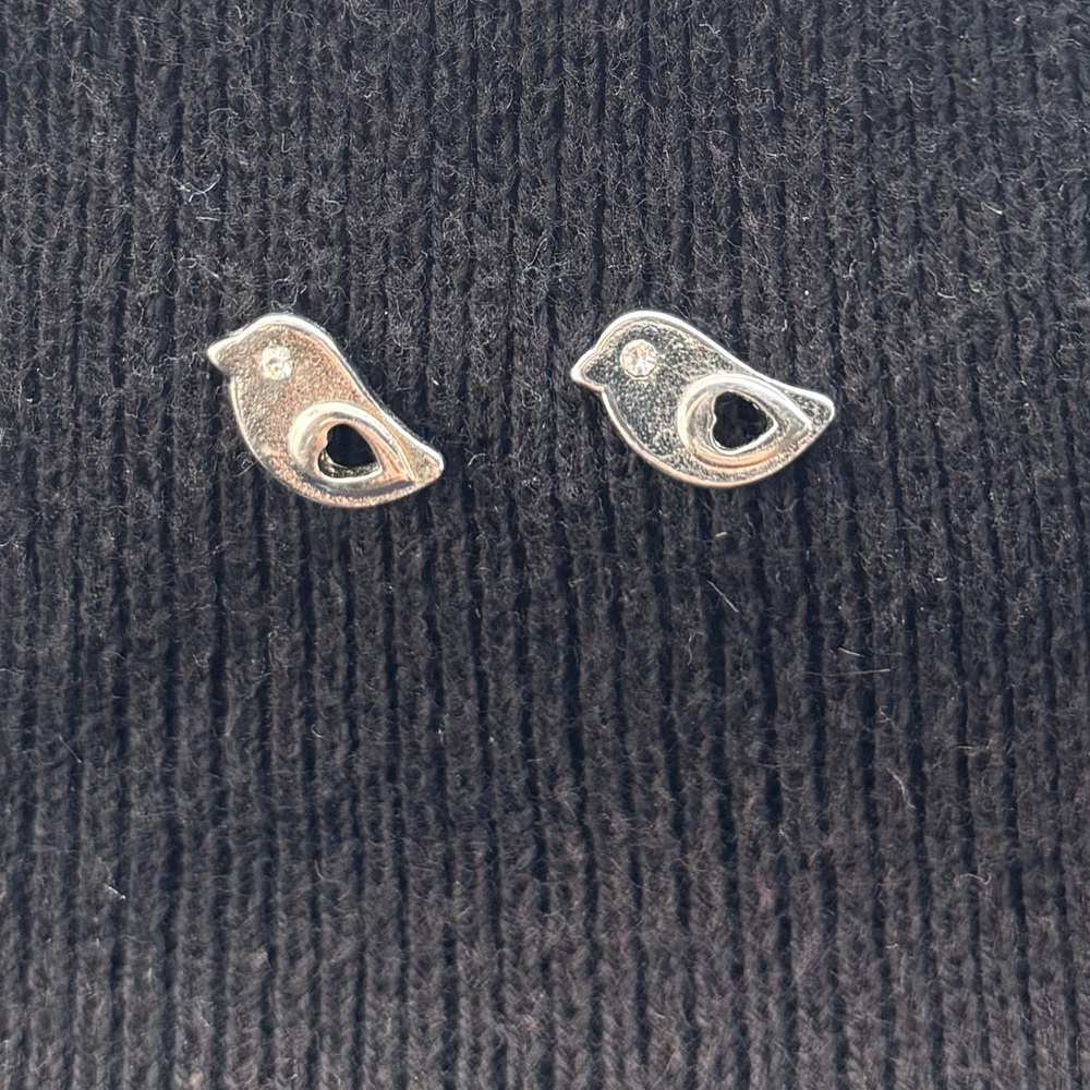 Pajaritos Clear Eyes Open Heart Bird Silver Metal Stud Earrings